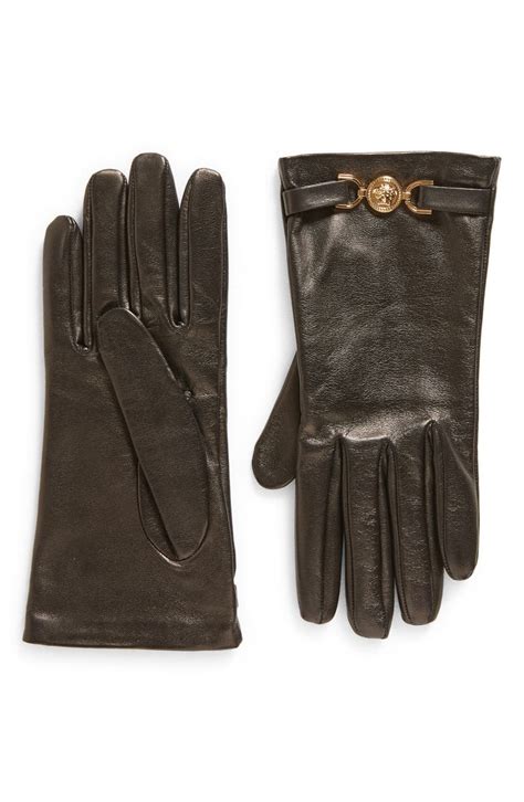 Versace La Medusa Silk Lined Leather Gloves .